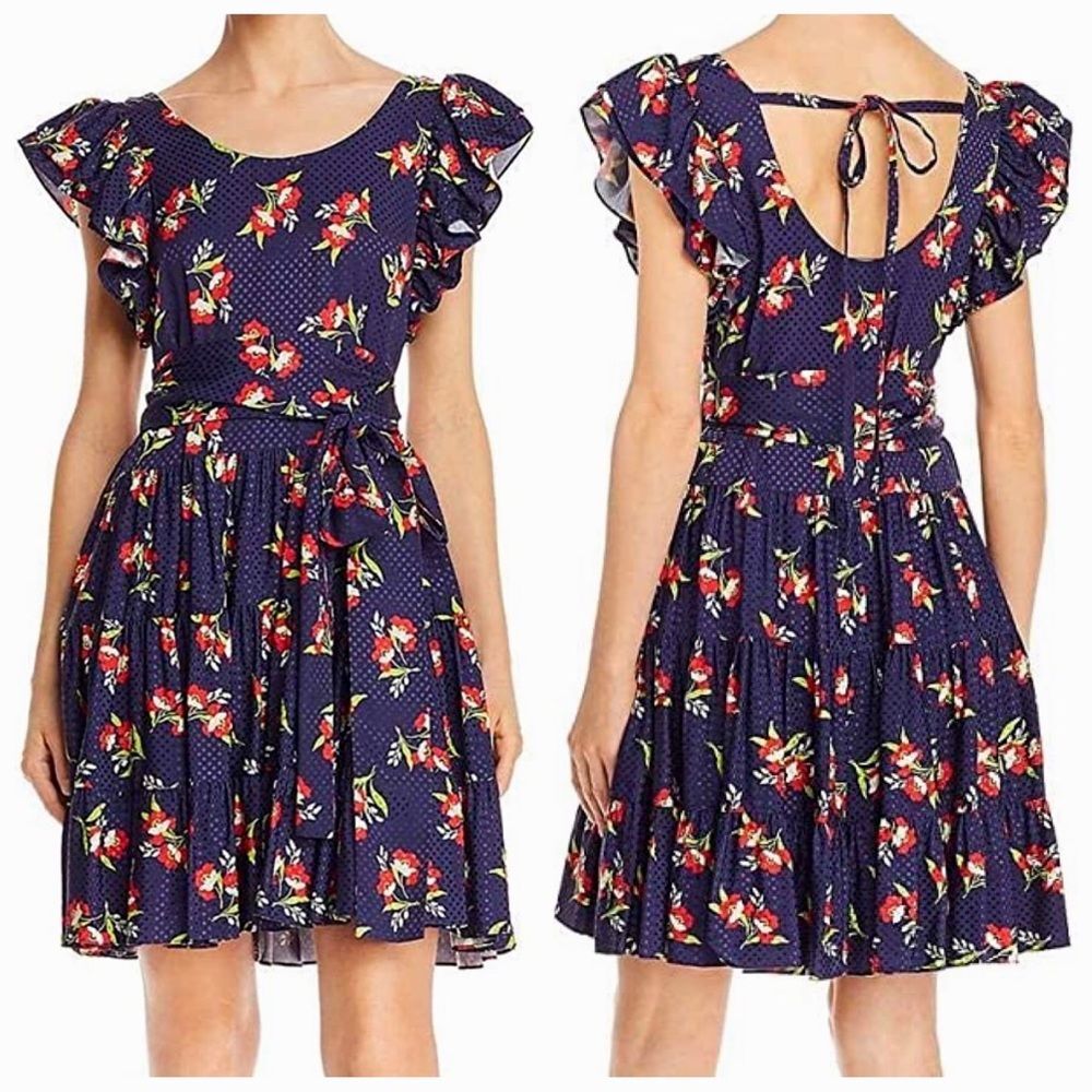 JILL STUART Midnight Navy Blue Red Floral Jacquard Flutter Sleeve Dress Medium